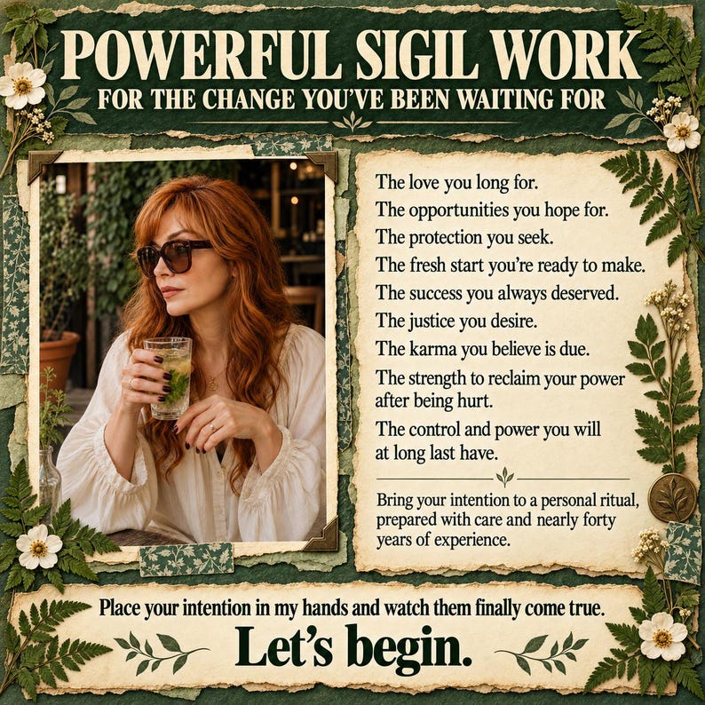 May include: A digital advertisement featuring a person with long red hair wearing sunglasses and a white blouse, holding a glass. The text reads: POWERFUL SIGIL WORK FOR THE CHANGE YOU'VE BEEN WAITING FOR, followed by a list of intentions and Let's begin.