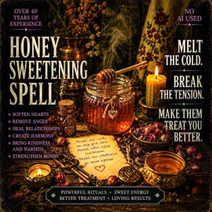 May include: A glass jar filled with honey, a wooden honey dipper, a small bottle with a cork, a yellow pillar candle, a metal key, and dried rosebuds. Text reads: HONEY SWEETENING SPELL, OVER 40 YEARS OF EXPERIENCE, NO AI USED, MELT THE COLD.