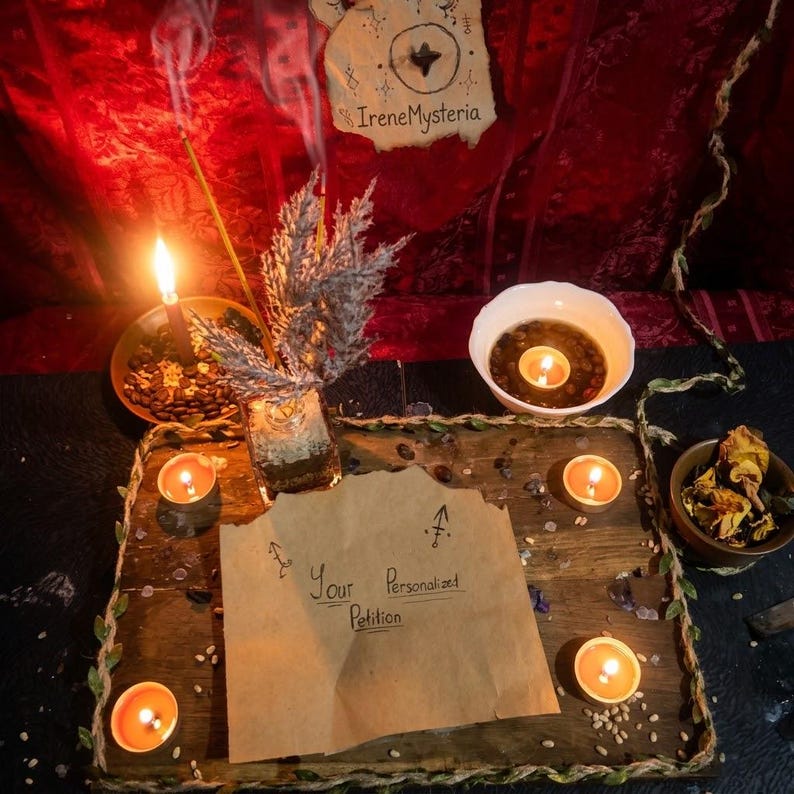 May include: A rectangular wooden board featuring a piece of paper with the text "Your Personalized Petition" written in black ink. The board is surrounded by four lit tea light candles, a bowl of water with a candle, and incense sticks.
