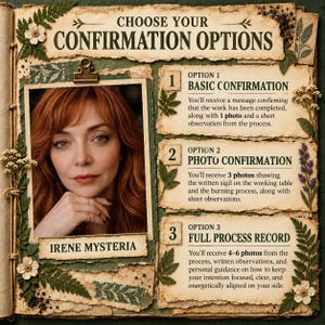 May include: A document titled CHOOSE YOUR CONFIRMATION OPTIONS featuring a photograph of a person with red hair labeled IRENE MYSTERIA. It lists three options: 1 BASIC CONFIRMATION, 2 PHOTO CONFIRMATION, and 3 FULL PROCESS RECORD with descriptive text.