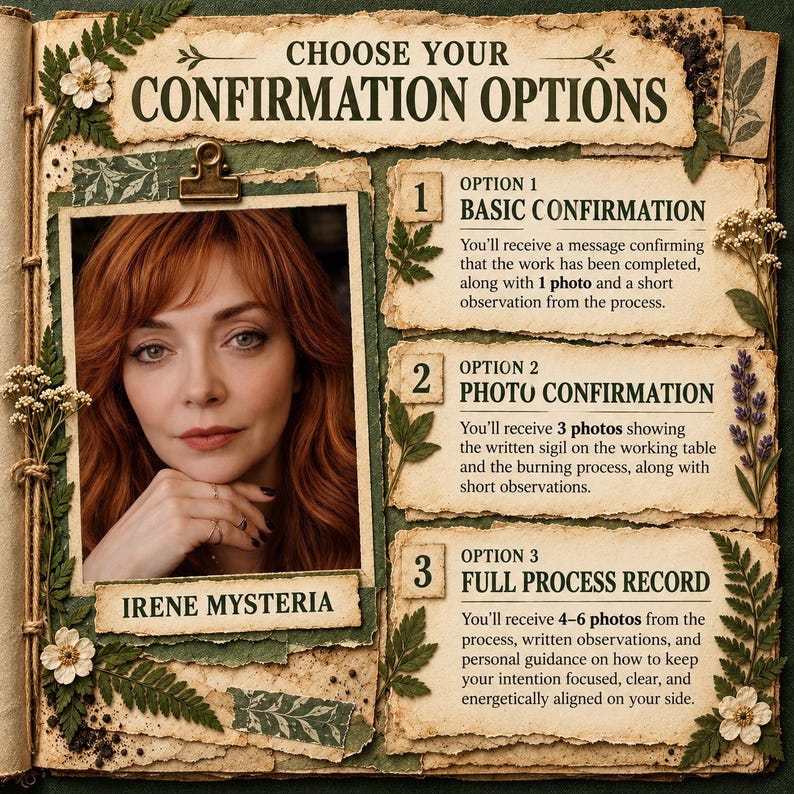 May include: A document titled CHOOSE YOUR CONFIRMATION OPTIONS featuring a photograph of a person with red hair labeled IRENE MYSTERIA. It lists three options: 1 BASIC CONFIRMATION, 2 PHOTO CONFIRMATION, and 3 FULL PROCESS RECORD with descriptive text.