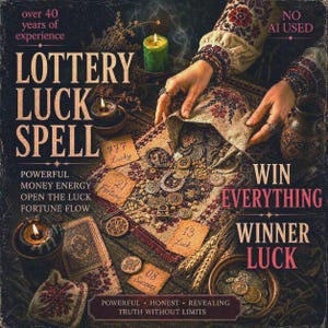 Peut inclure: Une collection de pièces et de breloques en métal versées depuis une pochette en tissu à motifs sur une surface. L'image comporte du texte, notamment LOTTERY LUCK SPELL, WIN EVERYTHING, WINNER LUCK, et divers chiffres sur des cartes, avec des bougies.
