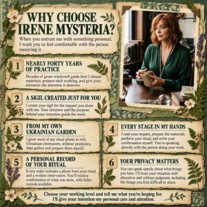 May include: A promotional graphic titled WHY CHOOSE IRENE MYSTERIA? featuring a photograph of a person in a green shirt holding a wooden block. The text lists six points about ritual services, including practice, sigils, garden-grown plants, and privacy.