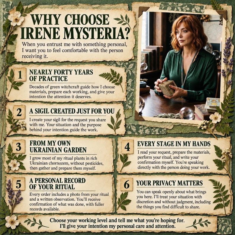 May include: A promotional graphic titled WHY CHOOSE IRENE MYSTERIA? featuring a photograph of a person in a green shirt holding a wooden block. The text lists six points about ritual services, including practice, sigils, garden-grown plants, and privacy.