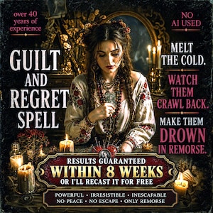 May include: A digital graphic featuring a person with dark hair wearing a cream-coloured blouse with red floral embroidery, holding a small card. Text includes: GUILT AND REGRET SPELL, MELT THE COLD, WATCH THEM CRAWL BACK, DROWN IN REMORSE, RESULTS GUARANTEED WITHIN 8 WEEKS.