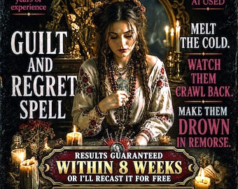 May include: A digital graphic featuring a person with dark hair wearing a cream-colored blouse with red floral embroidery, holding a small card. Text includes: GUILT AND REGRET SPELL, MELT THE COLD, WATCH THEM CRAWL BACK, DROWN IN REMORSE, RESULTS GUARANTEED WITHIN 8 WEEKS.