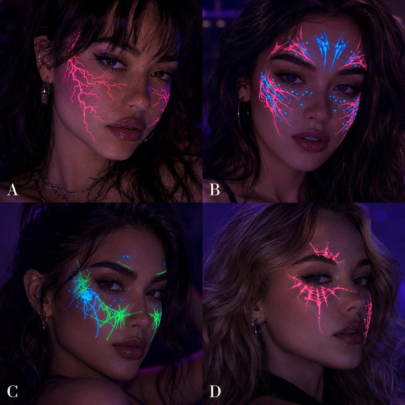 May include: Four portraits showing neon face paint designs. A features pink lightning bolts. B displays blue and pink intricate patterns. C shows green and blue spider web motifs. D presents pink spider web designs on the cheek and forehead area.