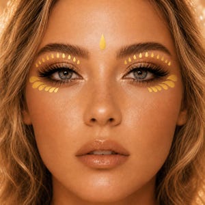 May include: A set of gold metallic face stickers featuring a teardrop design applied above and below the eyes, with a single teardrop shape centered on the forehead. The stickers have a smooth, reflective finish and are arranged in a symmetrical pattern.
