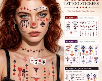 Joker Face Tattoo Stickers 3 Style Set, Circus Jester Temporary Tattoos, Casino Playing Card Body Decals for Costume Party