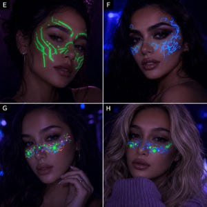 May include: A collection of four portraits featuring facial makeup designs that glow in the dark. Design E shows neon green geometric lines, F displays blue swirling filigree, G features multicolored dots and lines, and H shows green glowing dots.