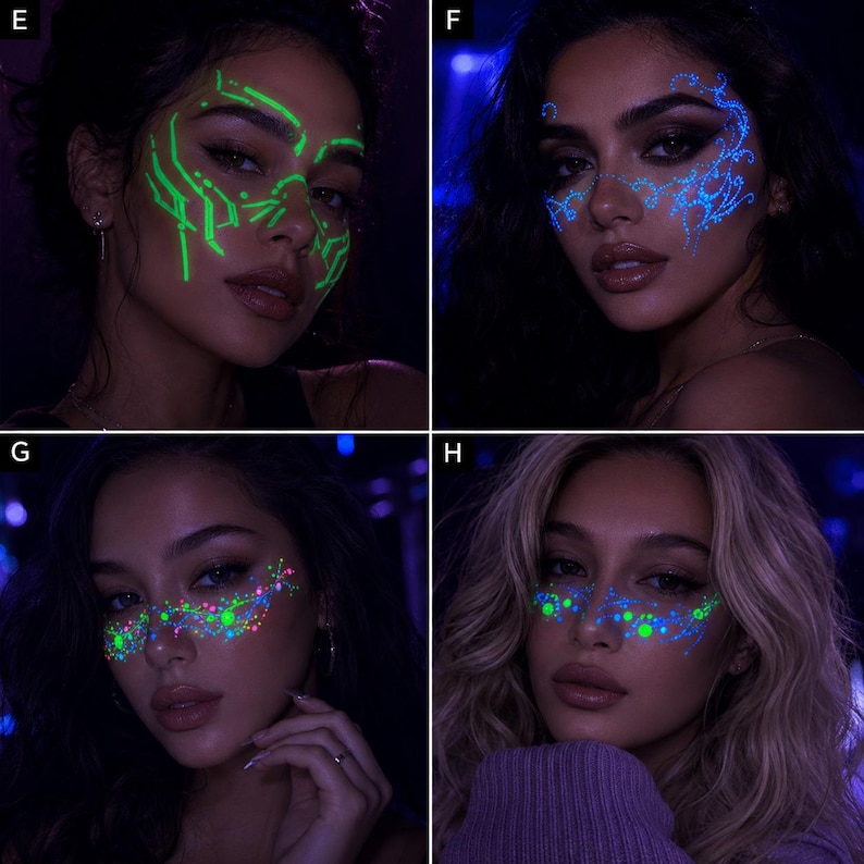 May include: A collection of four portraits featuring facial makeup designs that glow in the dark. Design E shows neon green geometric lines, F displays blue swirling filigree, G features multicolored dots and lines, and H shows green glowing dots.