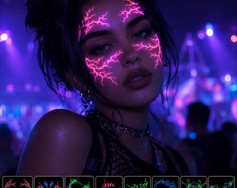 Glow Face Stickers, UV Neon Festival Face Decals, Rave Makeup Accessories, Black Light Party Stickers, Cyber Y2K Face Tattoo for EDM Events