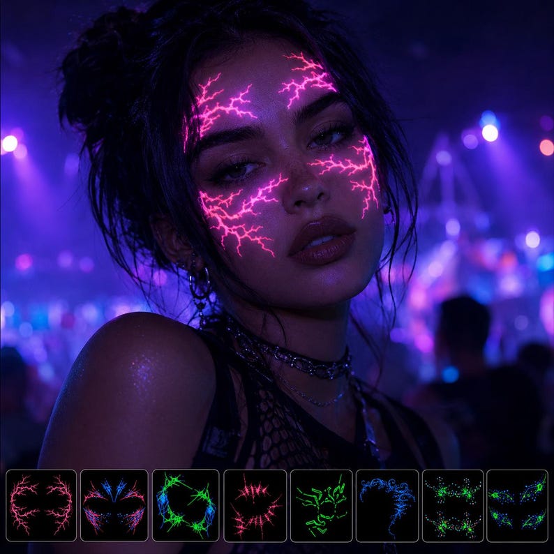 May include: A set of temporary face tattoos featuring glowing lightning bolt designs in various colors including pink, blue, and green. The designs are displayed on a dark background, with one example shown applied to a face with vibrant pink lightning.