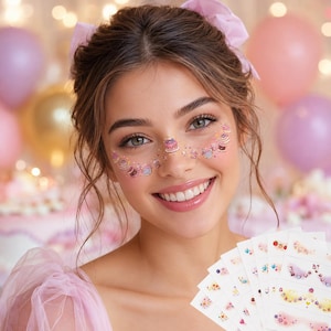 Könnte beinhalten: Ein Set aus selbstklebenden Gesichtsstickern mit kleinen, bunten Illustrationen von Kuchen, Gebäck und Süßigkeiten. Die Sticker sind fächerförmig angeordnet und zeigen verschiedene Motive wie Cupcakes, Torten und Desserts mit Früchten in Pastelltönen.