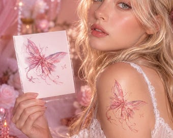 Pink Butterfly Fake Tattoo, Feminine Temporary Body Sticker, Romantic Floral Tattoo Decal for Women, Festival Party Look