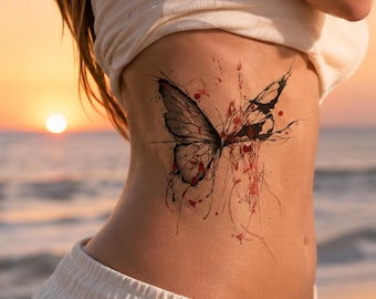 Gothic Butterfly Temporary Tattoo, Red Heart Body Tattoo Sticker, Aesthetic Fake Tattoo for Women, Waterproof Festival Tattoo Decal