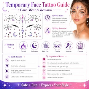 May include: A temporary face tattoo guide featuring a sheet of purple and pink celestial-themed stickers with stars, moons, and hearts. The infographic includes instructions for wear, removal, and application, alongside a photo of the tattoo on a face.