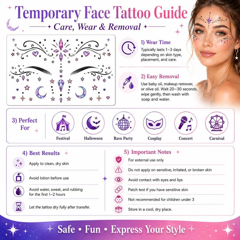 May include: A temporary face tattoo guide featuring a sheet of purple and pink celestial-themed stickers with stars, moons, and hearts. The infographic includes instructions for wear, removal, and application, alongside a photo of the tattoo on a face.