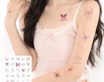 Floral Fantasy Temporary Tattoo Stickers, Butterfly Body Decals for Women, Aesthetic Flower Fake Tattoos, Waterproof Party Makeup Stickers