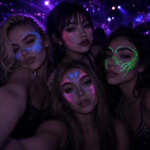 May include: Four individuals with glowing neon face paint in a dark environment. One person has blue lightning patterns, another has pink lightning, one has green geometric lines, and the fourth has a mix of blue and pink glowing facial designs.