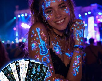 UV Neon Temporary Tattoo Stickers Set, Blue Glow Rave Body Art, Festival Face & Body Stickers for Music Party Night Look