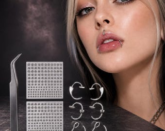Fake Lip Ring Set, No Piercing Lip Rings, Silver Face Stud Stickers, Fake Nose Ring Jewelry, Faux Facial Piercing for Women