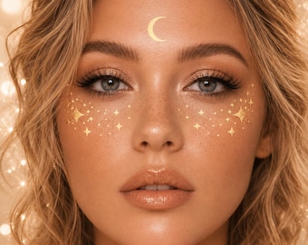 Gold Face Gem Stickers, Celestial Face Jewels, Festival Makeup Accessories, Star Moon Face Decals, Rave Party Beauty Stickers