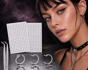 Fake Piercing Stickers, Face Stud Stickers, No Piercing Lip Ring Set, Silver Black Faux Nose Rings, Y2K Punk Gothic Jewelry