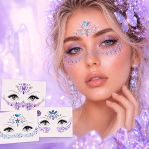 Lila kristaller för ansiktet, festivalansiktsjuveler, älv-rave-sminktillbehör, strass-ansiktsklistermärken, fantasifestskönhet
