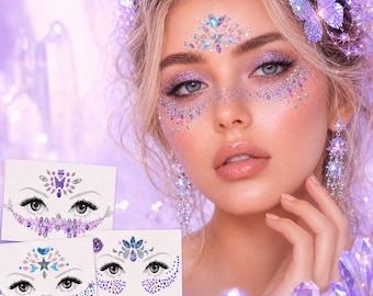 Purple Crystal Face Gems, Festival Face Jewels, Fairy Rave Makeup Accessories, Rhinestone Face Stickers, Fantasy Party Beauty