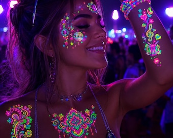 UV Face & Body Stickers Temporary Tattoos Set, Festival Rave Party Makeup, Concert Night Body Art Accessories for Women