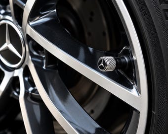 Mercedes-Benz Tire Valve Caps, Knurled Metal Wheel Accessories (Black/Silver)