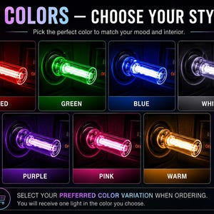 May include: A cylindrical LED light plug for a vehicle power outlet, shown in seven colour variations: red, green, blue, white, purple, pink, and warm yellow. The image includes the text 7 COLORS - CHOOSE YOUR STYLE and SELECT YOUR PREFERRED COLOR VARIATION WHEN ORDERING.