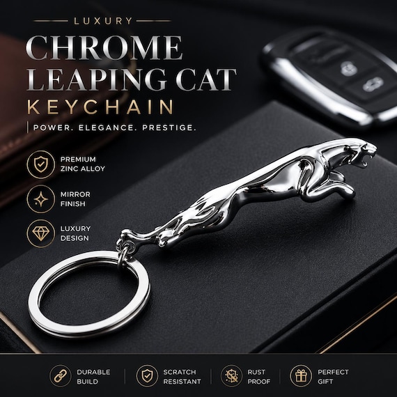 Chrome Leaping Cat Keychain, Zinc Alloy Car Key Ring, Automotive Accessory