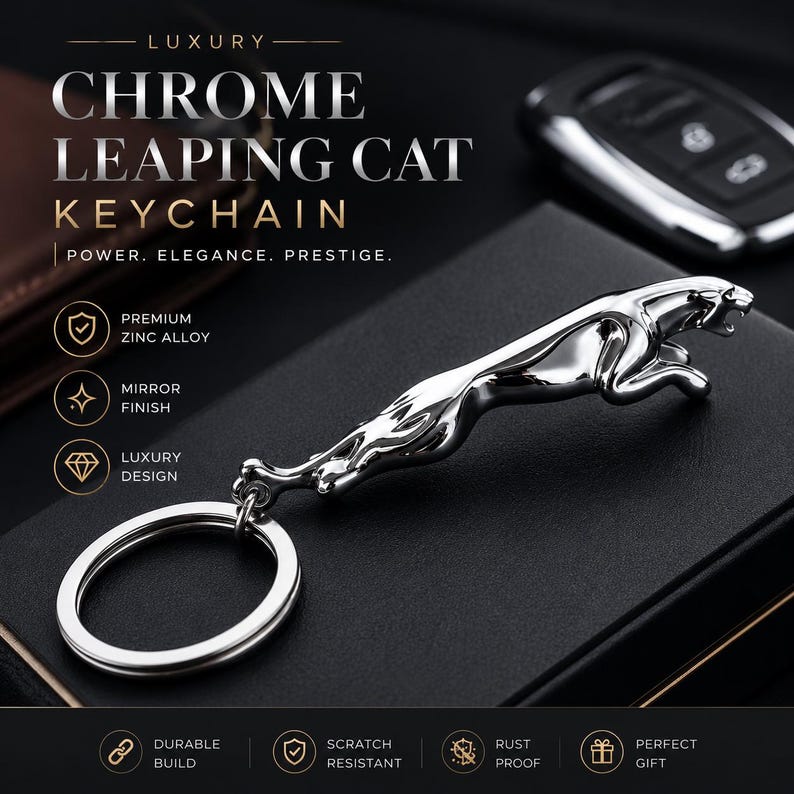 May include: A chrome leaping cat keychain with a mirror finish and a circular ring. The text on the image reads: LUXURY CHROME LEAPING CAT KEYCHAIN, POWER. ELEGANCE. PRESTIGE., PREMIUM ZINC ALLOY, MIRROR FINISH, LUXURY DESIGN, DURABLE BUILD, SCRATCH RESISTANT, RUST PROOF, PERFECT GIFT.
