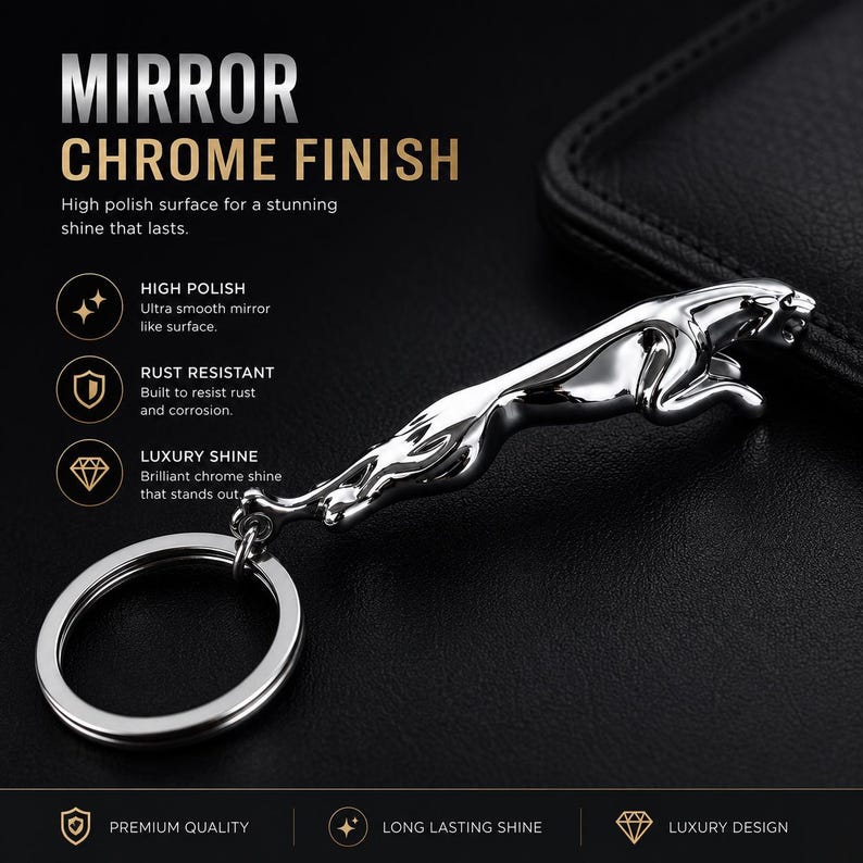 May include: A silver-colored metal keychain featuring a leaping jaguar figurine with a mirror chrome finish. The keychain includes a circular split ring attached to the base of the animal figure, which has a smooth, reflective surface.
