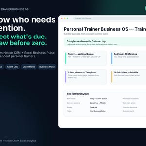 Plantilla CRM de Notion para entrenadores personales / Gestión de clientes, portal y panel de control de Excel