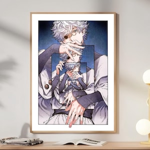 May include: A framed wall art print featuring a stylized anime illustration of a character with white hair and dark clothing. The artwork displays a recursive effect, showing the character holding a smaller frame containing the same image repeatedly.