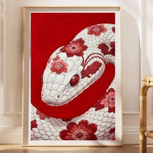 White Snake Floral Poster, Red Japanese Reptile Wall Art, Living Room Modern Decor, Art Print