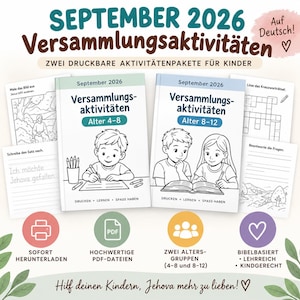 Könnte beinhalten: Zwei druckbare Aktivitätshefte für September 2026 mit dem Titel Versammlungsaktivitäten, eines für 4- bis 8-Jährige und eines für 8- bis 12-Jährige. Die Cover zeigen schwarz-weiße Illustrationen von Kindern beim Schreiben und Lesen.