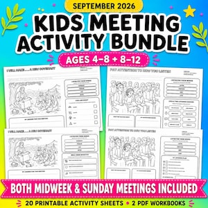 May include: A digital activity bundle for kids featuring four printable worksheets for September 2026. The pages include black and white illustrations of people in biblical settings, word lists, and checkboxes for tracking meeting activities.