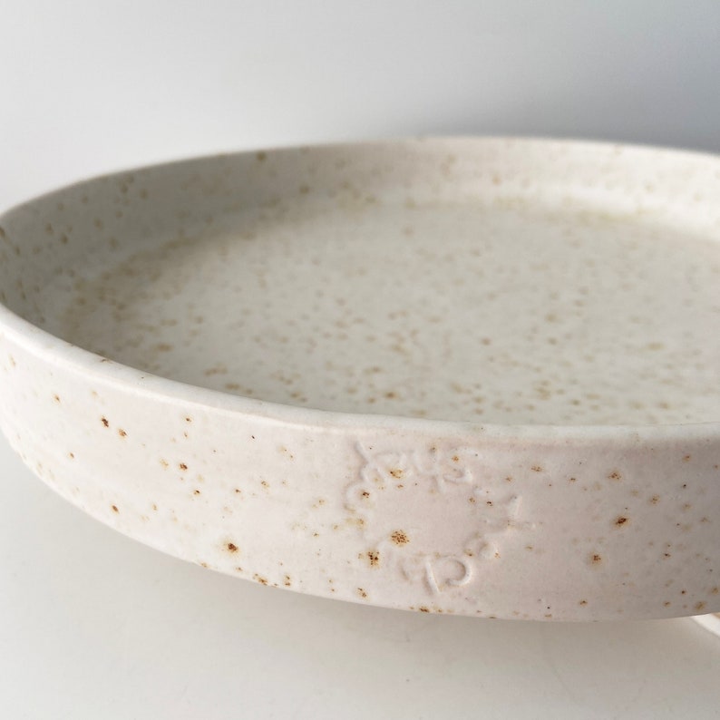 Large ceramic tray with straight rim on 3 feet, offwhite with brown speckles image 6