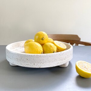 Large ceramic tray with straight rim on 3 feet, offwhite with brown speckles image 2