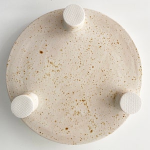 Large ceramic tray with straight rim on 3 feet, offwhite with brown speckles image 7