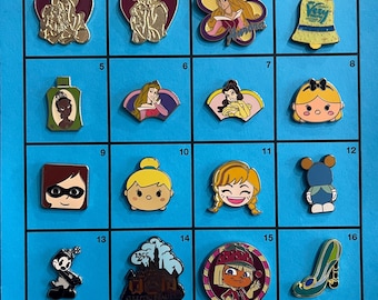 Disney Pins - Set A, Alice in Wonderland, Cheshire Cat, Mad Hatter, Princess, Tiana, Snow White, Cinderella, Aurora, Jasmine, Mulan, Belle