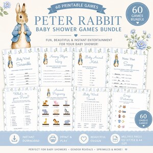 Paquete de 60 juegos para baby shower de Peter Rabbit en color azul, set de Beatrix Potter, imprimible en Canva.