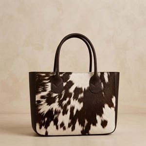 May include: A rectangular tote bag featuring a cowhide pattern with dark brown and white patches on the front panel. The bag includes two dark brown leather handles and solid dark brown leather side panels, providing a structured appearance.