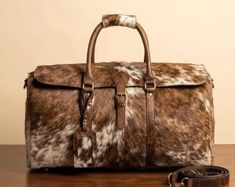 Cowhide Duffel Bag, Flap Top Leather Weekender Bag, Hair On Hide Travel Bag, Western Overnight Bag, Groomsmen Gift.