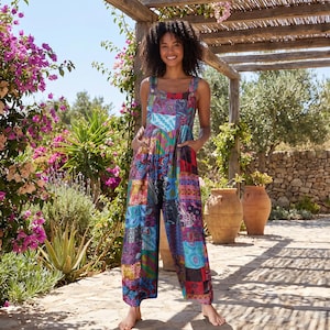 Boho lapptäcke jumpsuit med vida ben och fickor | Ärmlös sommarsparkdräkt, lös passform dungarees