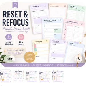 Puede incluir: Un paquete de planificadores imprimibles titulado RESET & REFOCUS que incluye más de 12 páginas con plantillas en colores pastel, como un reinicio semanal, lluvia de ideas, rastreador de hábitos, planificador de productividad y notas.